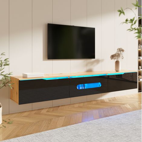 Meuble TV 180x35x30 cm noir et bois en MDF et panneau de particules avec LED 16 couleurs et montage mural (1/5)