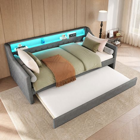 Canapé cama 90 x 200 cm con cama nido, LED con control por app, puerto USB, gris HAVRYA (1/5)