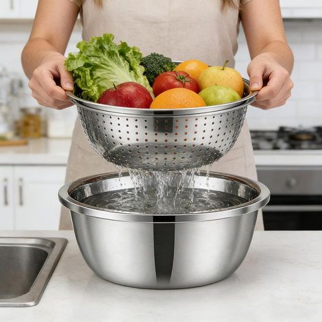 Spülschüssel, Abtropfschale und Reibe aus Edelstahl – 26 cm Sieb- und Abtropfset – für Küche, Haushalt, Wohnung, Esszimmer, Essenszubereitung, Waschen von Gemüse und Obst (1/5)