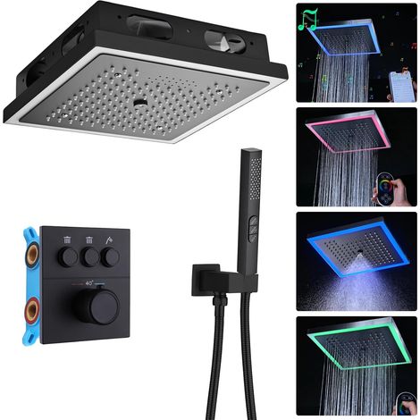 Douche Encastrable Thermostatique, Musique Colonne Douche Encastrable Noir, 64 Farben LED Colonne de Douche, Installation au Plafond Ensemble Douche avec 30 30cm 2 Fonctions Pommeau de Douche (1/5)