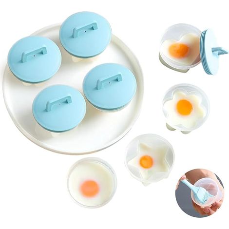 Lot de 4 moules à œufs pochés bleu avec couvercle et pinceau à huile, cuiseur à œufs réutilisable en 4 formes différentes, moules antiadhésifs pour œufs sans coquille (1/5)
