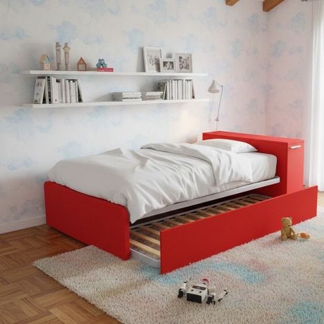 Letto una piazza e mezza 120x190 con contenitore e secondo letto estraibile - Rosso