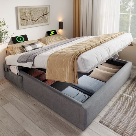 Lit double 160x200 cm avec rangement, USB-C, sommier pleine surface, gris, sans tête de lit (1/5)