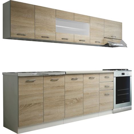 Conjunto de cocina Houston 1182, Sanoma roble + Blanco + Beige, 260x60cm, Encimera, Aglomerado laminado, Vidrio, Aglomerado laminado
