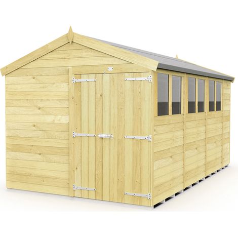 8 x 15 Feet Apex Shed - Double Door With Windows - Wood - L454 x W231 x H217 cm