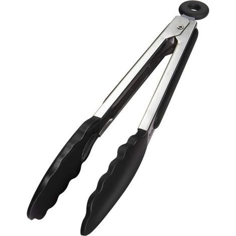 Pinze da cucina professionali, in acciaio inossidabile e silicone alimentare, resistenti al calore - 23 cm, nere. (1/4)