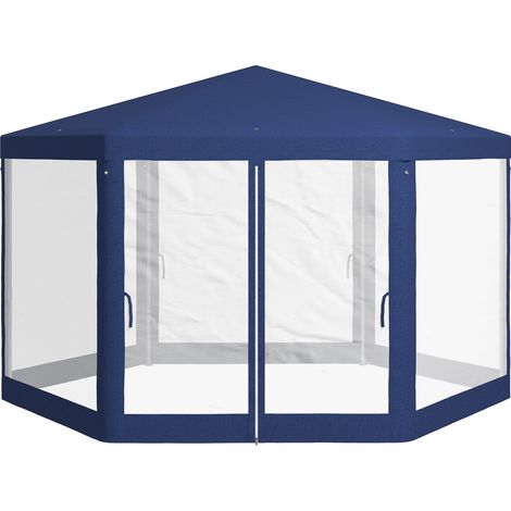 Gazebo 6 coins avec rideaux en filet cadre métallique 3,94x3,412x2,5 m bleu