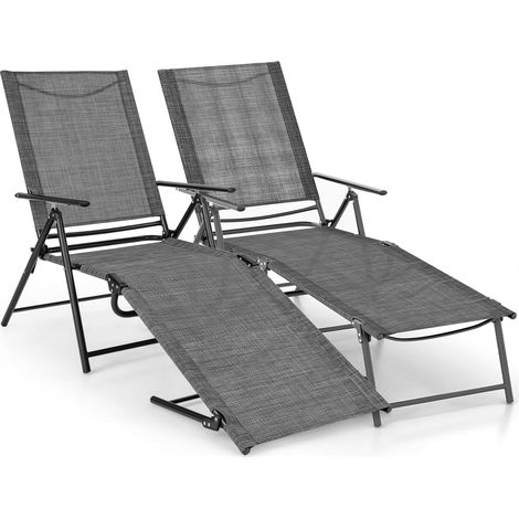 COSTWAY 2 Tumbona Jardin Exterior, Tumbona Plegable con Respaldo de 6 Posiciones, Reposapiés Ajustables, Tela de Asiento Transpirable, Tumbona Reclinable Playa Jardin Piscina, Carga 150 kg (1/5)