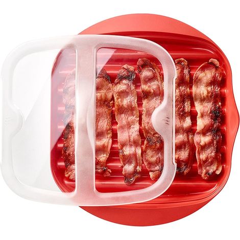 Cuiseur à bacon pour micro-ondes avec couvercle anti-éclaboussures pour des résultats croustillants rapides et un nettoyage facile, un accessoire de cuisine indispensable. (1/5)