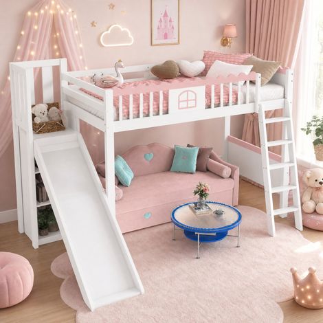 Cama alta infantil 90x200 cm de madera blanca, con estantes para dormitorio, sin colchón -FLORAGRACE (1/5)