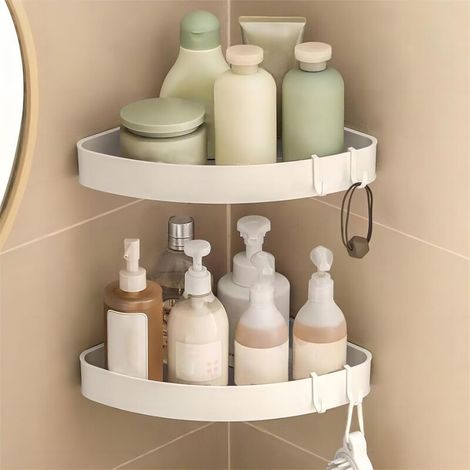 Etagère de douche d'angle sans perçage, Lot de 2 étagères de rangement salle de bain en ABS blanc avec 4 crochets, 31x23.5cm (1/4)
