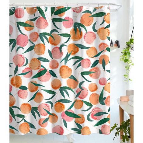 Rideau de douche motif Pêches – Design mignon, vif et coloré avec fruits sur toute la surface – Ensemble de rideaux de salle de bain en tissu imperméable avec 12 crochets – Rose pêche – 180 x 180 cm (1/3)
