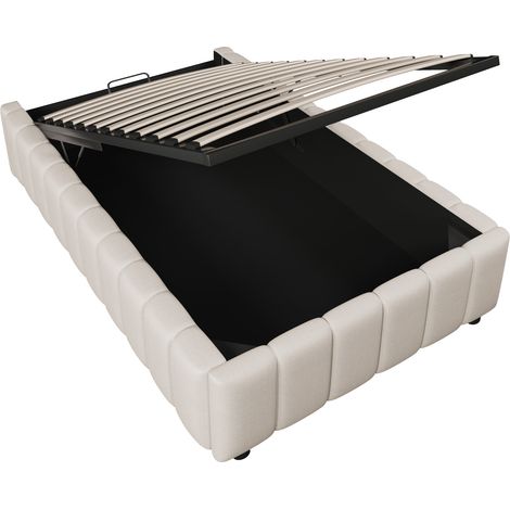 Cama tapizada con almacenaje 90x200 cm en lino y MDF sin cabecero beige (1/5)