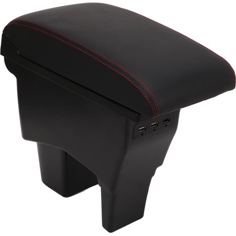 Boîte de rangement noire pour accoudoir central de voiture, avec surpiqûres rouges et interface USB, compatible avec Suzuki Vitara. (1/5)