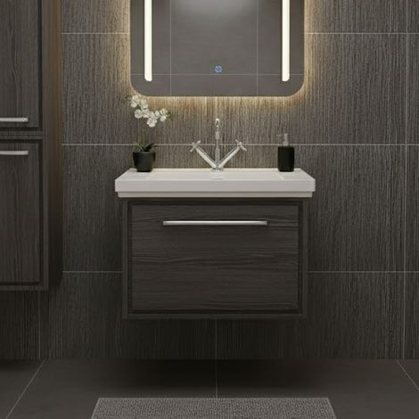 Hudson Reed Lille Wall Hung 1-Drawer Vanity Unit with 1TH Classique Basin 600mm Wide - Graphite Grey Woodgrain