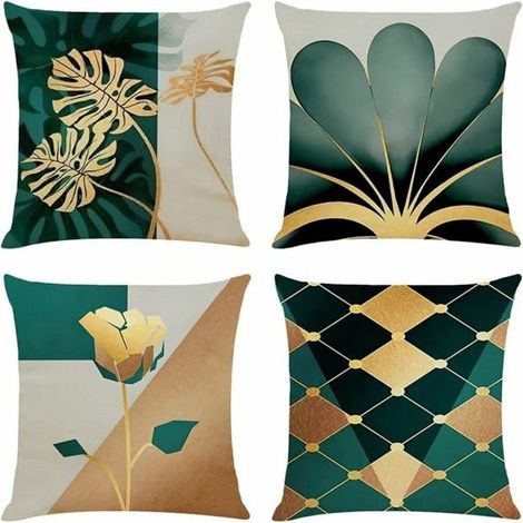 Set aus 4 Leinenkissenbezügen, 45x45 cm, dekorativer Kissenbezug aus gold- und grünfarbenem Ginkgoholz, Landhausstil. (1/5)