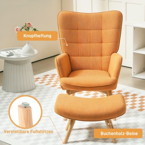 Fauteuil d'accent avec pouf, fauteuil relax velours côtelé, chaise à accoudoirs pieds en bois, pour salon, marron (1/4)