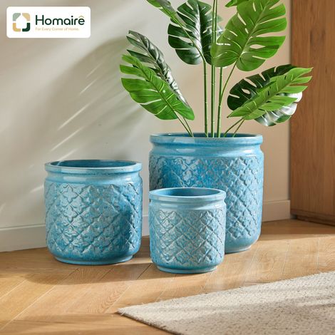 HOMAIRE Set de pots de fleurs en céramique 3 pièces bleu à motifs géométriques pour orchidées intérieur/extérieur