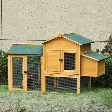 Poulailler pour poules naines avec enclos et pondoir. Construction en bois de sapin traité anti-intempéries, toit en asphalte. Jaune et vert.