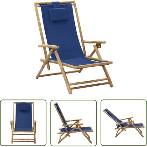 The Living Store Chaise de relaxation inclinable bleu marine bambou et tissu - Chaises De Jardin - Chaises Pliantes - Chaise Relaxante - Mobilier De Jardin - Fauteuil De Jardin (1/5)