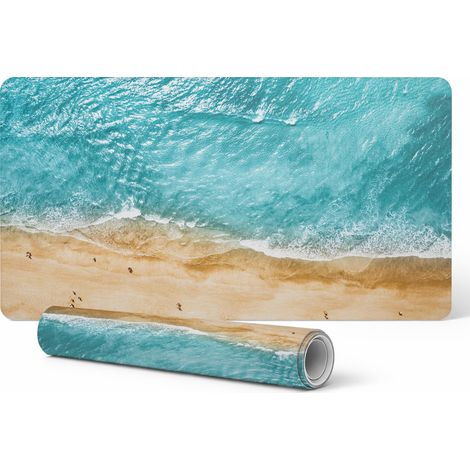 Alfombrilla protectora de escritorio con estampado de playa y olas visto desde arriba, 100x50 cm.