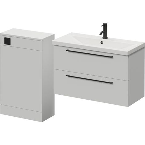 Napoli 390 Gloss Grey Pearl 1300mm Wall Mounted 2 Drawer Vanity Unit and Toilet Suite with Glide Basin - 1300mm - Matt Black 480mm HandleWithout Kingston Toilet Pan