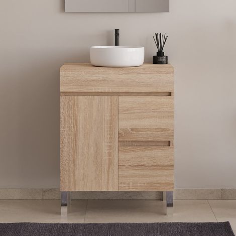 Meuble de salle de bain 60cm sur pieds avec plateau et une cuve à poser ronde - sans miroir - porte et tiroirs - cambrian (chêne clair) - HARO