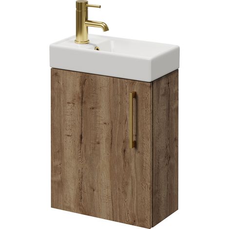 Napoli Cube Tobacco Oak 400mm Wall Mounted Single Door Vanity Unit with Align Basin - 400mm - Brushed Brass 160mm Handle