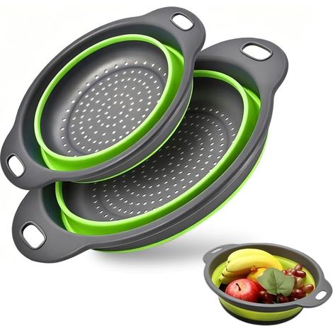 Lot de 2 passoires pliables en silicone - Peu encombrantes et sans BPA - Pour pâtes, fruits, légumes - Vert (1/5)
