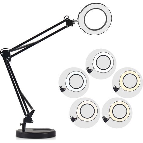 Flexible clip-on table lamp with 5x magnifying glass, swivel arm, dimmable LED, desk lamp, 5 color modes and brightness levels, for reading, working, and studying (1/5)
