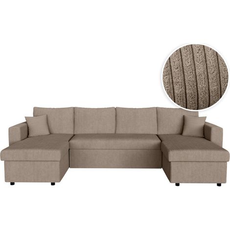 Loungitude – Canapé d'angle panoramique convertible 6 places – 2 coffres de rangement – Velours côtelé taupe – Système de couchage tiroir lit (1/5)