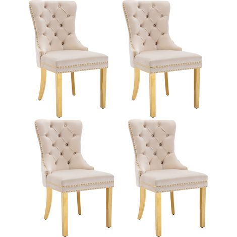 Chaise de salle à manger (chaise de cuisine/chaise de salon avec heurtoir unique au dos, 4 Sts), chaise rembourrée avec finition à tête de clou, pieds de soutien en acier inoxydable plaqué or, revêtem