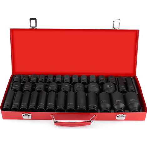Jeu de 35 Douilles à Choc 1/2 Pouce, Coffret de Douille a Choc Pneumatique 8mm-32 mm Douille Longue et Courte a Choc Douille Hexagonale avec Boîte à Outils Jeu de Douilles à Impact pour Réparation (1/5)