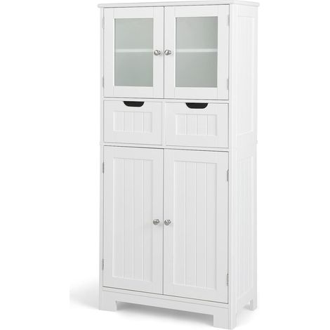 Costway – Colonne de salle de bain haute 60 x 30 x 128 cm – 4 portes en verre trempé – 2 tiroirs avec étagères réglables – MDF durable (1/5)