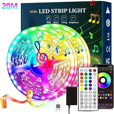 Ruban LED 20m RGB avec Télécommande IR 44 touches et Contrôle APP, Synchronisation Musique (1/4)