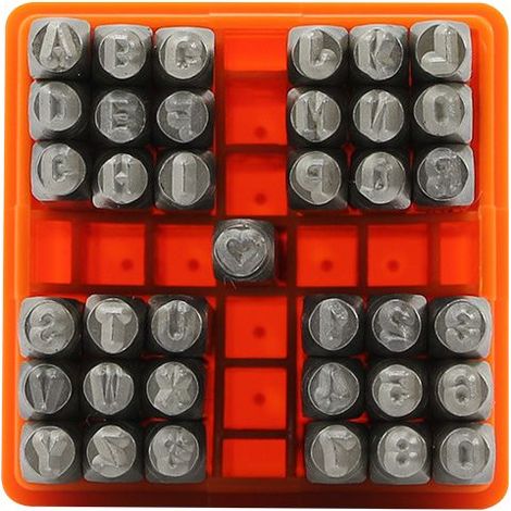 37 piezas de letras y números para estampar, punzón de 3 mm, A-Z y 0-9, para estampar metal, plástico, madera y cuero. (1/5)