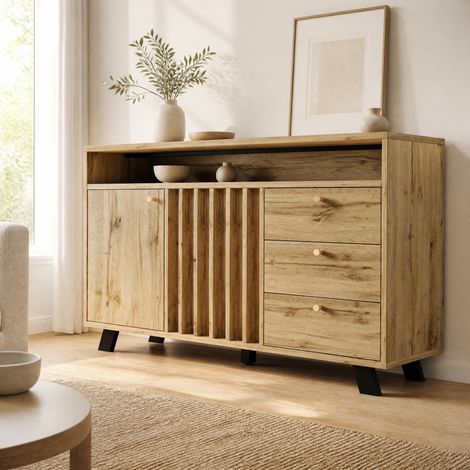 Credenza vintage con 3 cassetti, 2 ante e nicchia aperta, rovere scuro 120 x 40 x 85 cm HAVRYA (1/5)