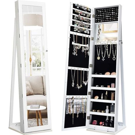 COSTWAY Armoire à Bijou sur Pieds, Miroir Pleine Longueur et Miroir de Maquillage Intégré, avec 91 Fentes pour Bagues 30 Crochets Collier, 100 Emplacements Boucle d’Oreilles, 37 x 38 x 157 cm