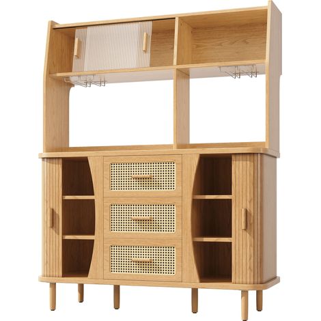 GagaBuffet haut de qualité avec aspect rotin et portes coulissantes en verre, 174,5 cm, rangement cuisine, aspect bois naturel/noyer, charge jusqu'à 60 kg (1/5)