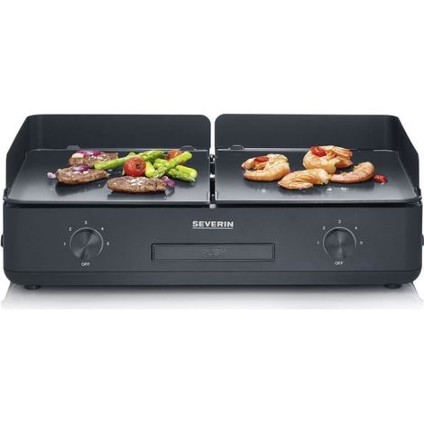Severin – Plancha électrique 2200W – 2 zones de cuisson vitrocéramiques 48x27cm – Thermostat réglable jusqu'à 240°C – Pare-vent en acier inoxydable