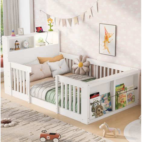 Letto singolo per bambini 90x190 cm bianco in legno con sponde alte, luce notturna USB e vano portaoggetti (1/5)