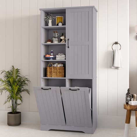 Meuble salle de bain 78x35x172 cm, finition laquée imperméable, double bac à linge, 4 niches ouvertes, 1 porte avec 3 casiers, tablettes modulables, grand rangement, gris (1/5)