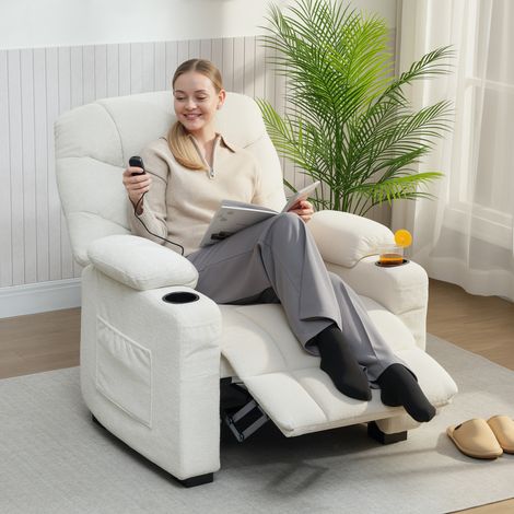 Fauteuil relax électrique, fauteuil inclinable, port USB, repose-pieds, porte-gobelets, 94 x 90 x 105 cm, crème (1/5)