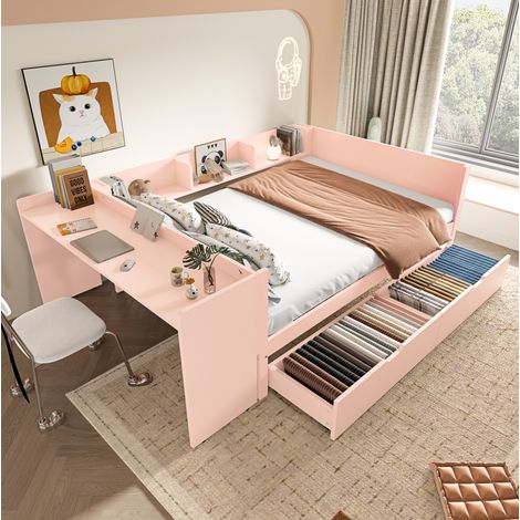 Flachbett, Holzbett, 140x200cm, mit Schreibtisch, ausgestattet mit 2 Schubladen, Doppelbett(Ohne Matratze), mit Regalen, Kiefer + Spanplatte, Rosa (1/5)