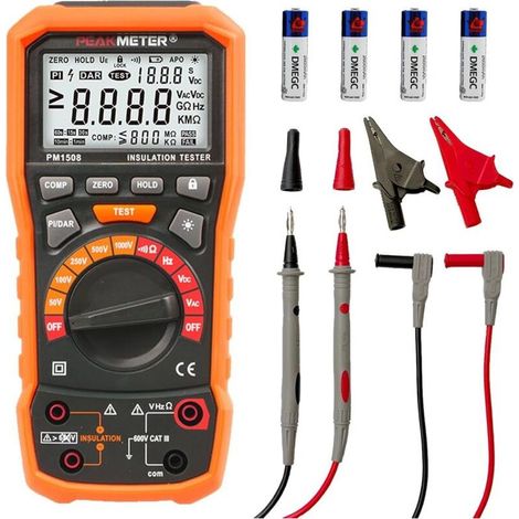 Testeur de résistance d'isolement mégohmmètre numérique 1000 V AC/DC pour appareils électriques, résistance d'isolement jusqu'à 100 GΩ, avec PI/DAR, test de fréquence et basse tension, avec écran LCD (1/4)