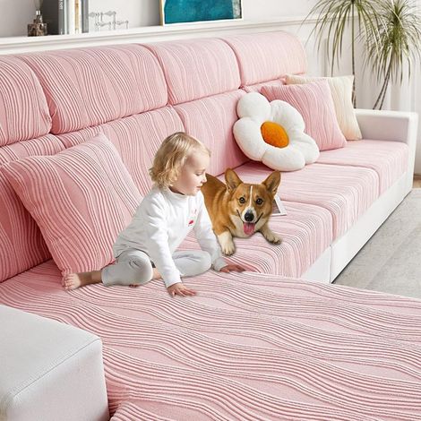 Housses de Coussin de Siège de Canapé Extensible, Housse Lavable pour Canapés en L et Modularités, Protecteur de Mobilier Amical pour Animaux avec Design Rayé (A-Rose,Grand 3 Places) (1/5)