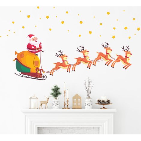 Sticker Noël le père noël, rennes et les étoiles magiques - Autocollants stickers adhésifs noël - décoration fêtes - 70x105cm (1/5)