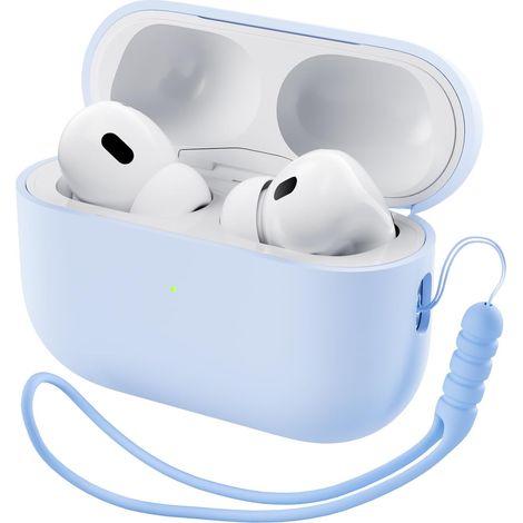 1 Coque de protection, silicone liquide, LED visible, compatible AirPods Pro 2, avec cordon, bleu bébé (1/5)