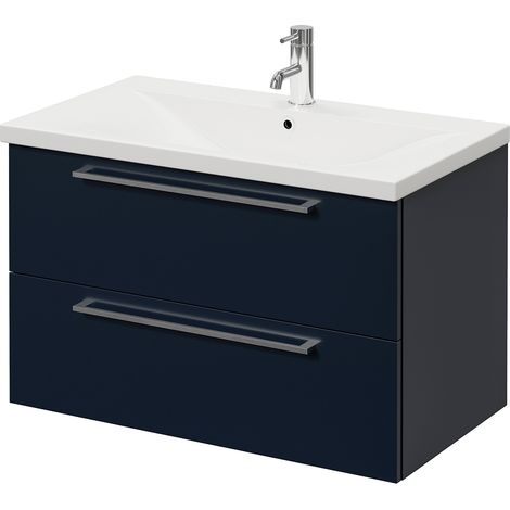 Napoli 460 Deep Blue 800mm Wall Mounted 2 Drawer Vanity Unit with Glide Basin - 800mm - Chrome 480mm Handle