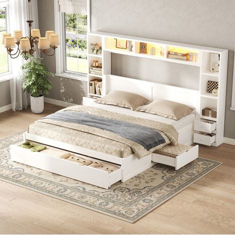 Lit plateforme 140x200 cm blanc en MDF et contreplaqué avec 7 tiroirs, rangements et éclairage LED (1/5)